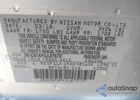 2018 Nissan Versa 1.6 Sv from USA, damaged, VIN 3N1CN7AP4JL875737